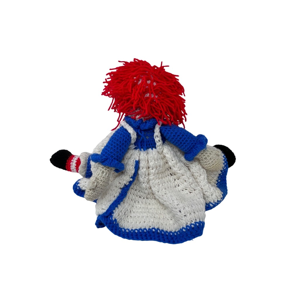 Handmade Crochet Raggedy Ann Doll Red Yarn Hair Blue Dress White Apron 24 inch - Picture 5 of 9